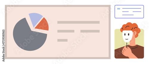 Pie chart and statistics on screen beside a person holding a mask. Ideal for data privacy, insight analysis, identity, confidentiality, anonymity, professional security, simple flat metaphor