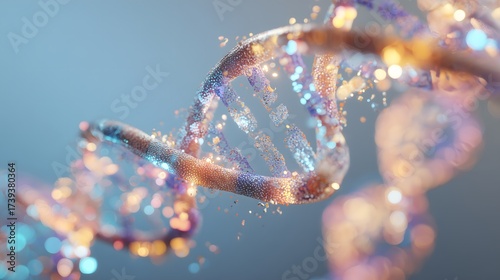 A close-up view of a DNA double helix structure with glowing particles. The background is softly blurred, emphasizing the intricate details of the DNA strands.