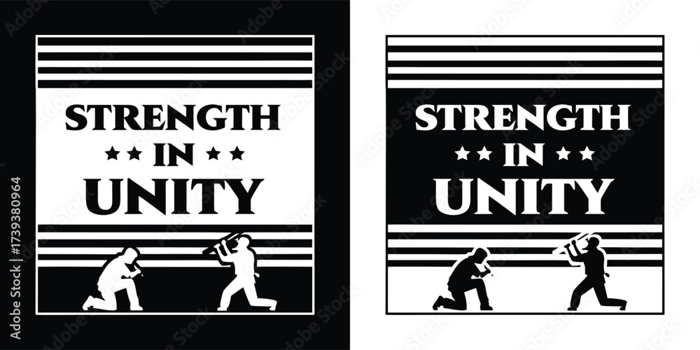 Fototapeta premium Strength in unity graphic with raised fist and stars, alongside silhouetted figures, presented in both black and white versions