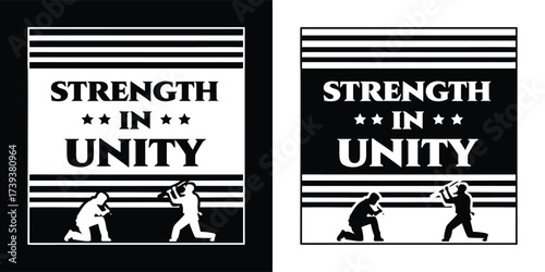 Strength in unity graphic with raised fist and stars, alongside silhouetted figures, presented in both black and white versions