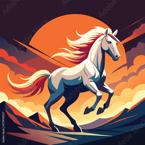 Vector art of majestic white horse with flowing mane galloping across a dramatic landscape with a vibrant sunset