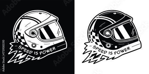 Vintage racing helmet with checkered flag motif and lightning bolt graphic, text reads speed is power, presented in both black and white versions for versatile design applications