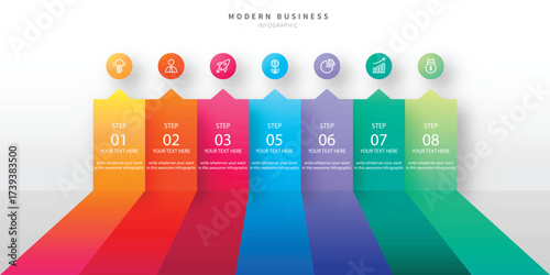 Colorful s shaped infographic with five numbered steps for business presentation and data visualization.
Modern infographic template with three colored steps connected to a central circular element on
