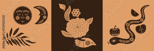 Set of boho celestial autumn posters, vertical cards. Horse, house, branche, Sun, Moon, flower, vase, apple. Silhouette linocut style. For print, cover, article, social media. Cute vector graphic.