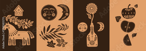 Set of boho celestial autumn posters, vertical cards. Horse, house, branche, Sun, Moon, flower, vase, apple. Silhouette linocut style. For print, cover, article, social media. Cute vector graphic.