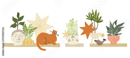 Illustration with shelf, plants in pots, house decoration, stars and red cat. Cozy home illustration in a simple decorative style. Houseplant, potted plant, different plants. For prints, social media.