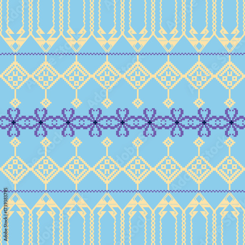 Blue-Purple Tone Traditional Embroidery Art Abstract with Pixel Art Designs for Textile Print