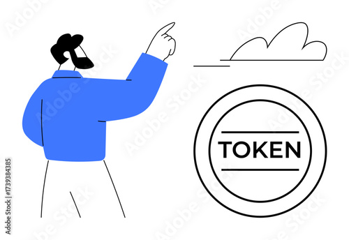 Man gesturing towards a cloud with a bold token emblem beside him. Ideal for cryptocurrency, blockchain, tokenization, digital ownership, cloud computing, finance, modern technology themes. Minimal