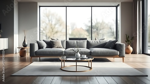 Minimalist living room with sofa and coffee table, soft natural light from large window.