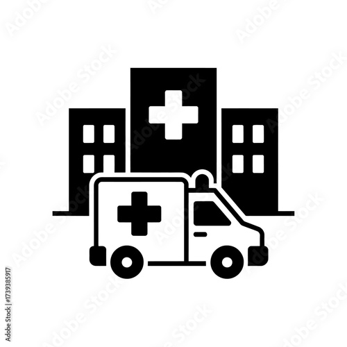 Ambulance in front of hospital building icon medical emergency and healthcare transport representing quick medical assistance and treatment