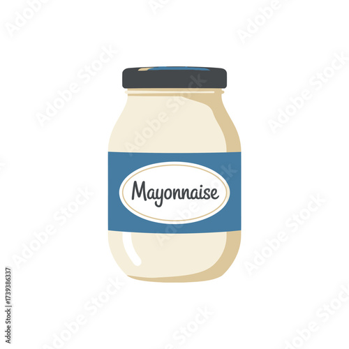 Illustration of a jar of mayonnaise with blue label and black lid isolated on a white background ideal for cooking concepts