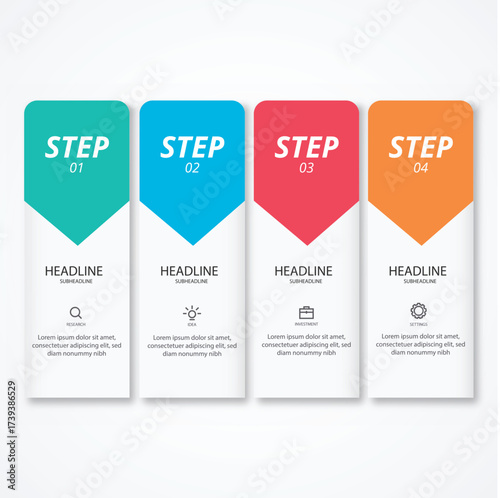 Colorful s shaped infographic with five numbered steps for business presentation and data visualization.
Modern infographic template with three colored steps connected to a central circular element on
