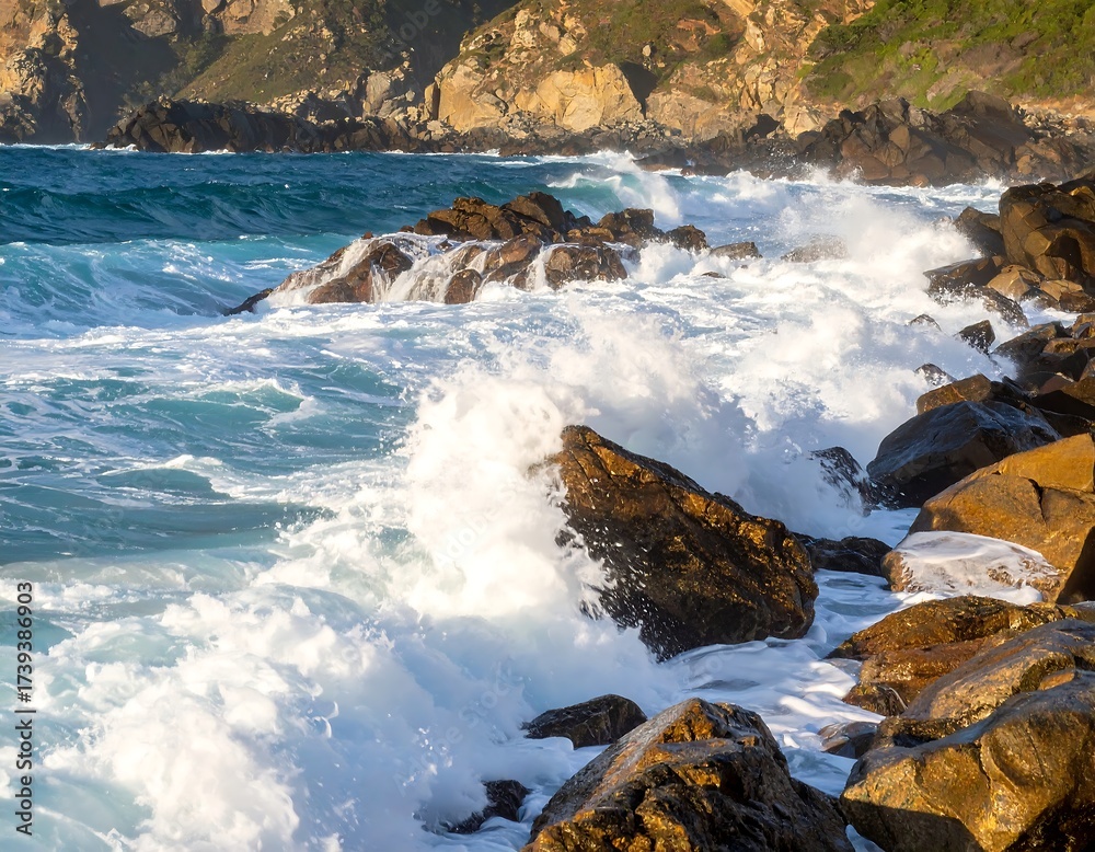 Obraz premium Foaming ocean waves crash on a rugged, rocky coast.