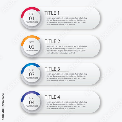 Colorful s shaped infographic with five numbered steps for business presentation and data visualization.
Modern infographic template with three colored steps connected to a central circular element on