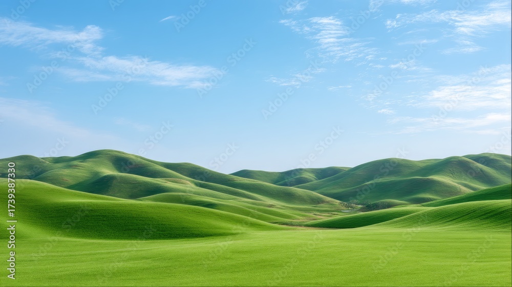 Fototapeta premium Expansive Green Hills Under Bright Blue Sky with Wispy Clouds Creating a Serene Natural Landscape