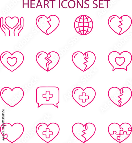 Heart icons set with medical and love symbols broken heart