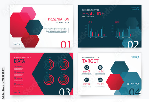 Four modern presentation slides with geometric shapes charts and icons for business and data analysis