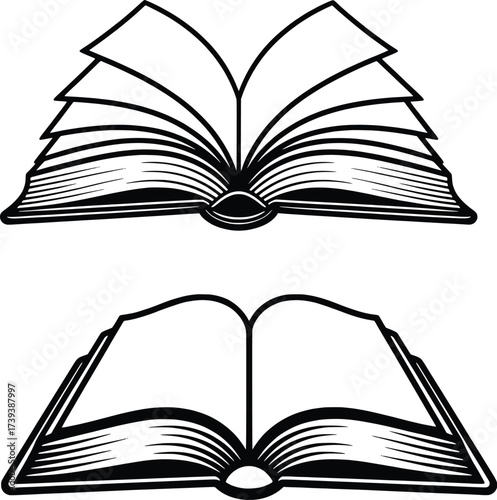Open Book Outline Vector Illustration Black and White