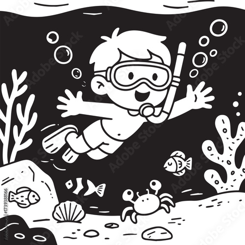  A black and white cartoon illustration of a happy boy swimming underwater with a snorkel and goggles on. 