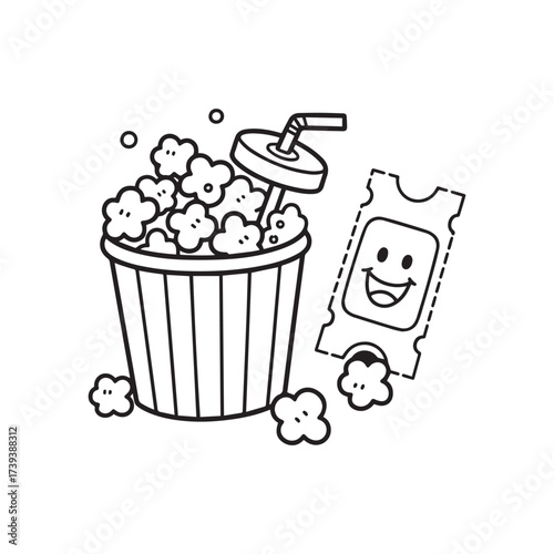 A black and white cartoon vector illustration of a large striped popcorn bucket overflowing with popcorn. 