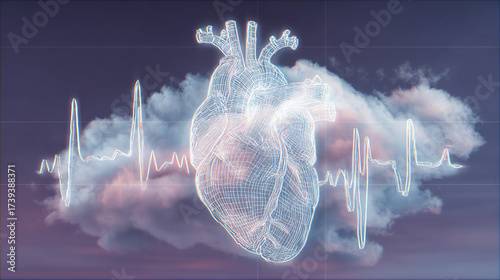 Medical heart rate line in a cloud floating in space, glowing faintly with soft neon hues eerily serene, as if lost or discarded retro-futuristic 1980s commercial art style