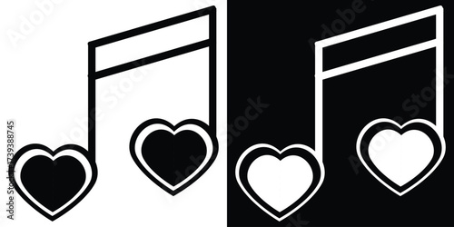 Two music notes with heart shapes, one in black and white, the other in reverse.