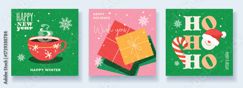 Happy New year set of  flyers, greeting cards, square posters, print, winter event, Christmas holidays, modern vector illustration