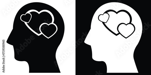 Black and white illustration of a head with hearts inside, symbolizing love and emotions.