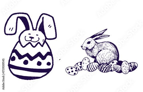Easter Bunny and Decorated Eggs Coloring Page Set