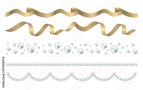 金のサテンリボンとパール・真珠のラインイラストセット