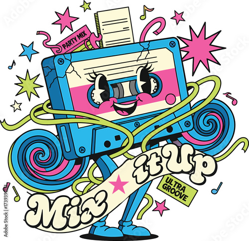 Retro 80s Cartoon Cassette Tape Character 'Mix It Up', Vibrant Nostalgic Music Mascot Vector Illustration