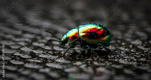 Close-up of a vibrant green beetle crawling on a wet surface with reflections