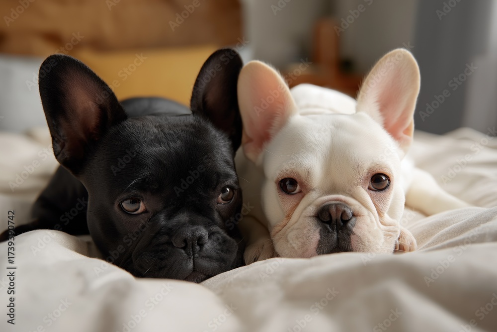 Fototapeta premium Adorable black and white french bulldogs relaxing on cozy bed