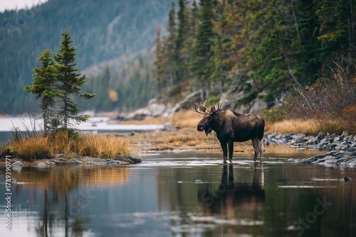 Bull Moose Wading in Calm Lake Water with Autumn Forest Reflections and Mountain Background