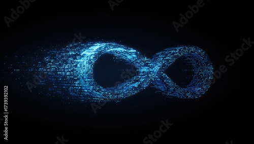 A flowing blue infinity symbol composed of digital particles against a dark background