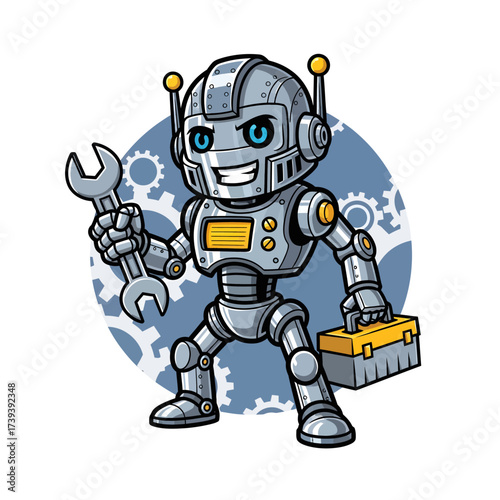 Meet the friendly robot mechanic ready to fix your problems with a smile and trusty wrench, perfect for technology, automation, and repair themed projects
