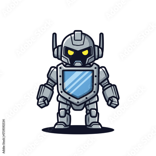Adorable cartoon robot character ready for action with a shiny shield, perfect for children's animation, gaming, or futuristic designs needing a touch of whimsy