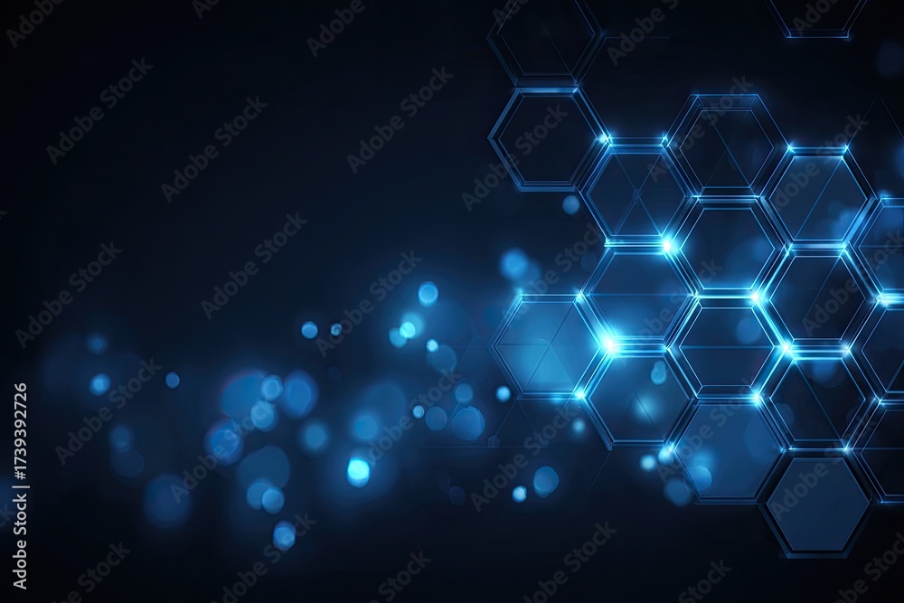 Fototapeta premium Abstract blue background features a glowing network of interconnected hexagonal shapes with bokeh