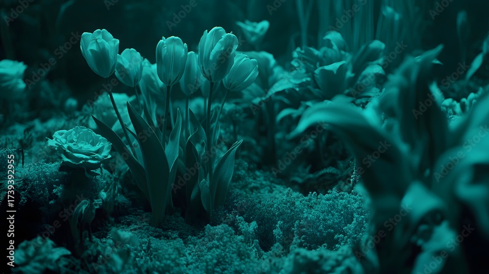 Fototapeta premium Enchanted Teal Garden, Tulips and Roses in Mossy Bloom