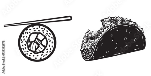 Monochrome illustration featuring a sushi roll with chopsticks and a bitten taco