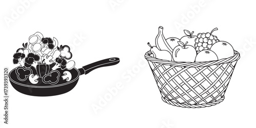 Fresh Vegetables Cooking in Pan and Assorted Fruits in Basket