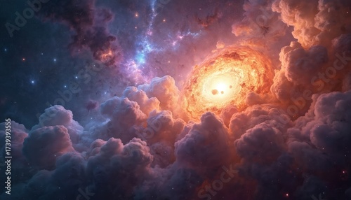 Bright cosmic explosion bursts in deep space. Glowing nebula dust, gas swirl with distant stars. Colorful clouds fill universe with intense energy, light. Massive star dies creating new cosmic