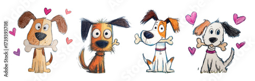 Children's drawings of dogs. Children's drawings of dogs doodles drawn with colored pencils. Cute dogs holding a bone in their teeth. Vector illustration.