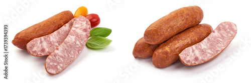 German dried sausages. Hard cured sausage, isolated on white background