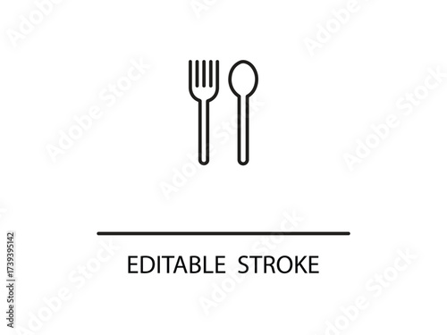 Minimalist fork and spoon icon with editable stroke for modern restaurant or cafe design projects perfect for website or app elements.