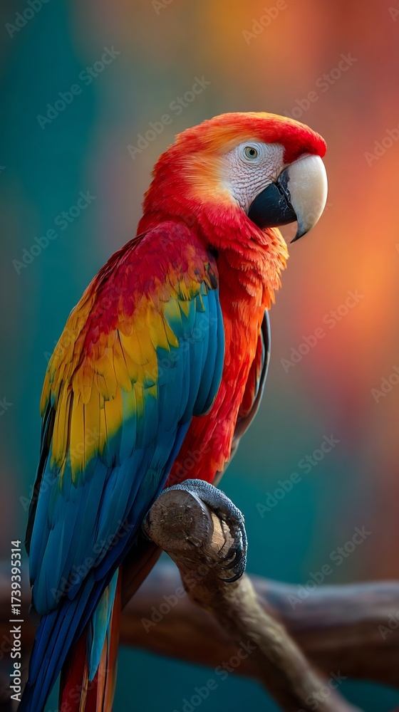 Naklejka premium Vibrant Scarlet Macaw Parrot Perched on a Branch, Showcasing Vivid Red, Yellow, and Blue Feathers. Detailed Wildlife Close-up.