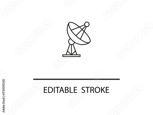 Clean line art of satellite dish with editable stroke for modern tech projects and minimalist designs needing global communication icons.