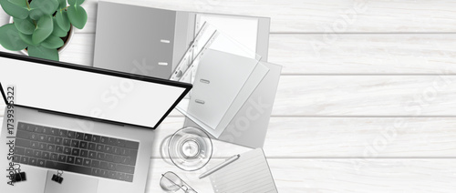 Office workplace top view with laptop. Vector realistic illustration of modern computer on desk, empty glass, eyeglasses, business folder for documents, pen, eyeglasses on table, tidy work space