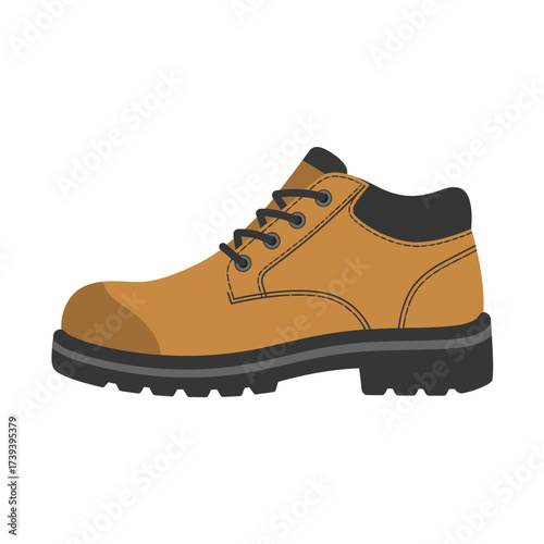 Durable brown work boot with black laces and tread sole for construction and outdoor activities vector flat design vector illustration white background