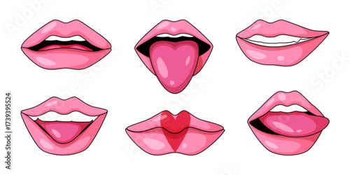 Retro sexy lips set isolated on white background. Vector cartoon illustration of pop art 90s style woman mouths with smile, licking tongue, teeth, heart sign, vintage funky stickers design, y2k emoji